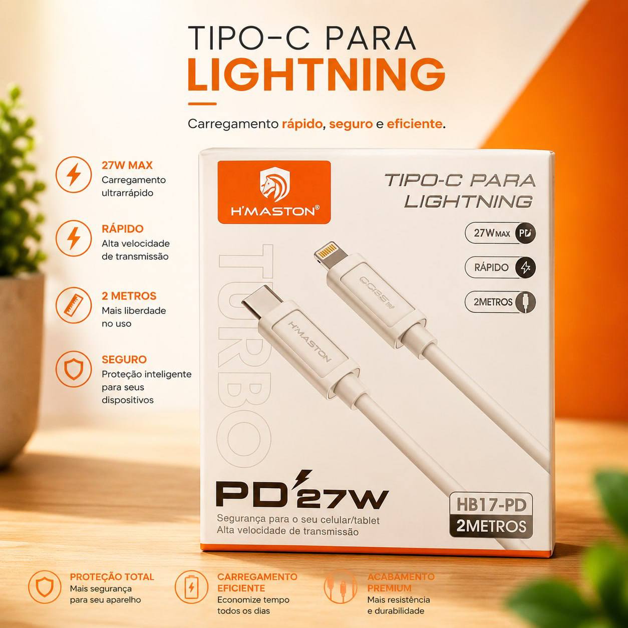 Cabo Tipo-C para Lightning H'Maston PD 27W 2m