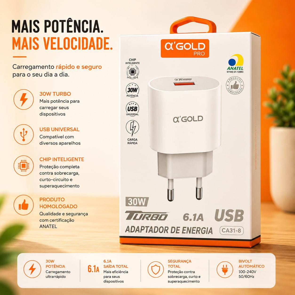 Carregador a'GOLD Pro CA31-8 30W 6.1A USB