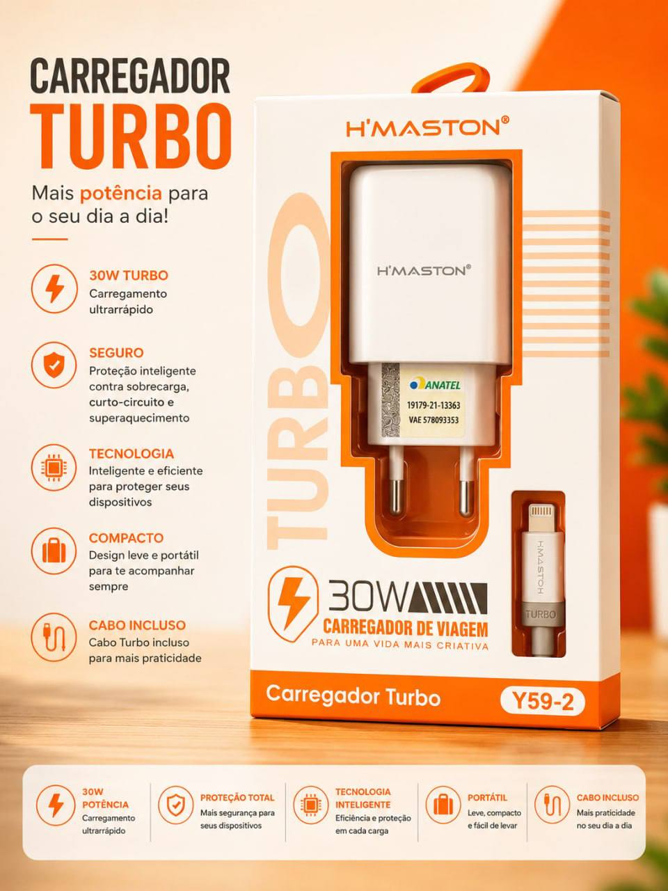 Carregador Turbo H'Maston Y59-2 30W + Cabo